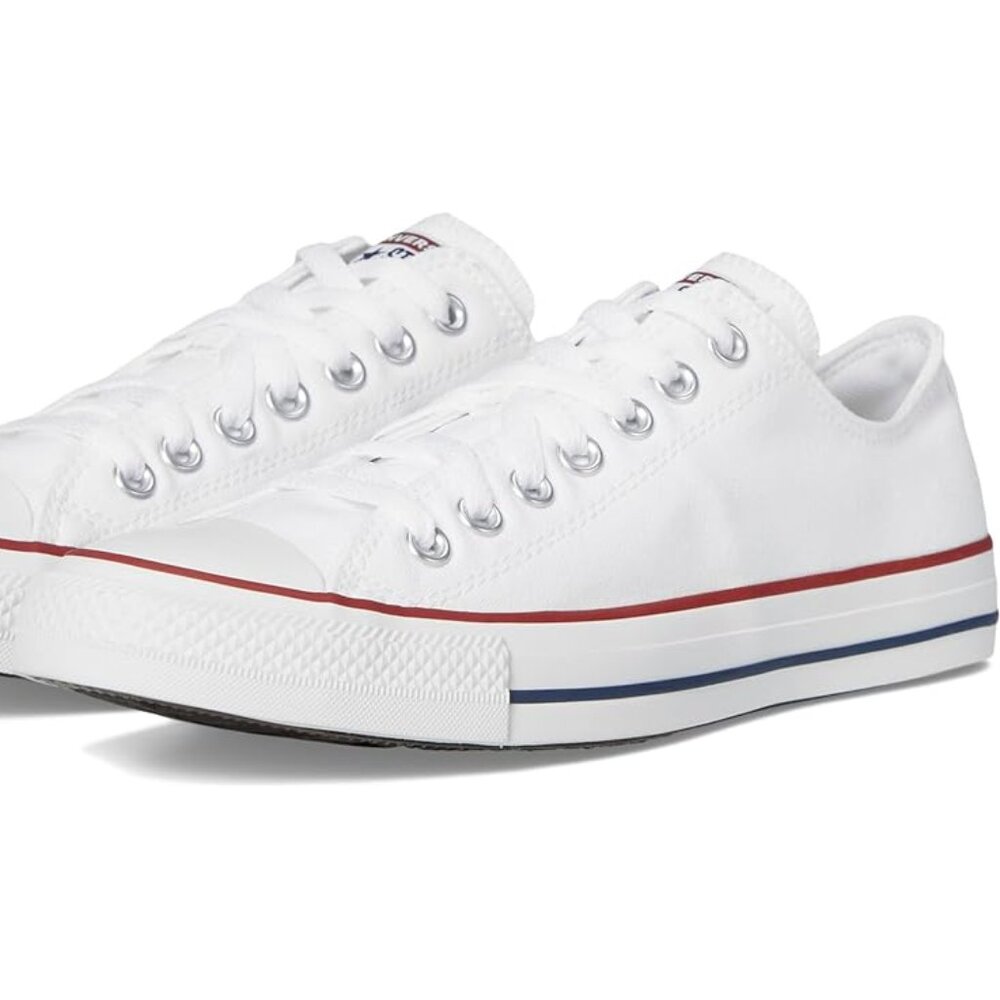 Classic White Low-Top Sneakers with Red & Blue Stripe